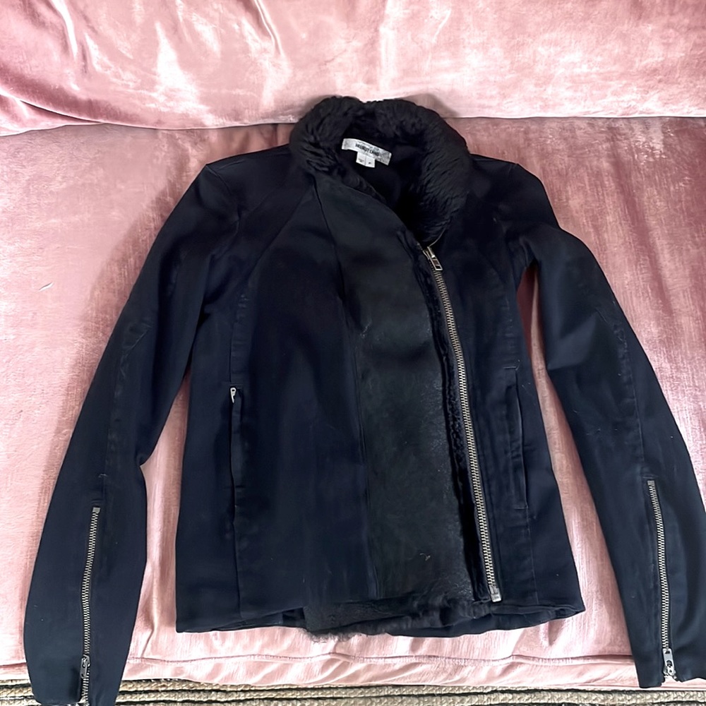 Helmut Lang leather fur suede cropped moto jacket